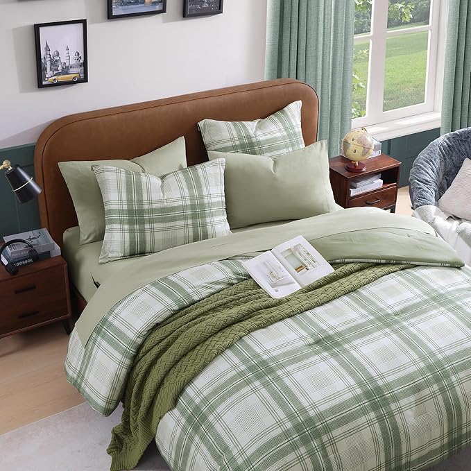 Plaid Queen Comforter Set, Green Bedding Set 7 Piece for Boys Girls Teen, Classic Homestead-Style Kids Comforter Set Bed in A Bag with Sheets, Pillowcases & Shams