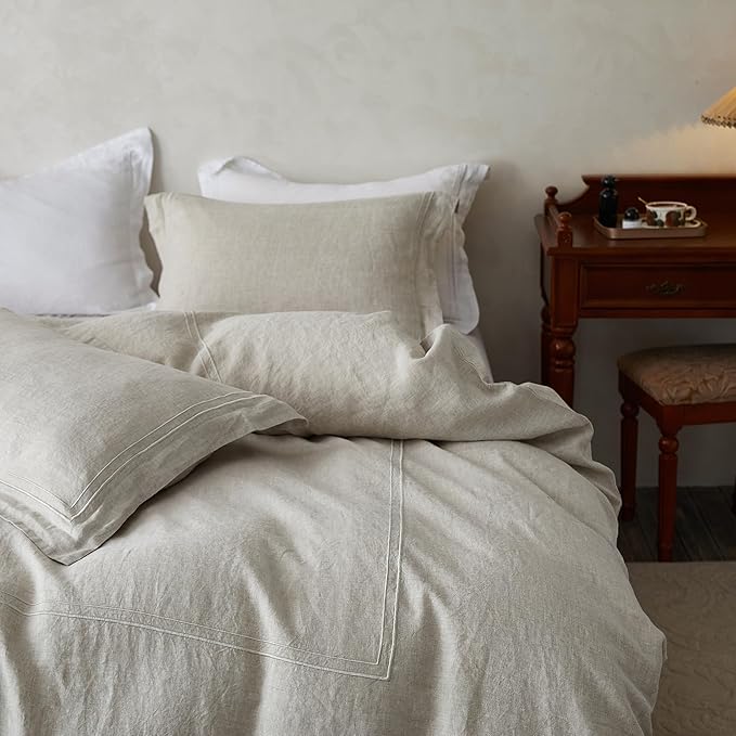 Simple&Opulence 100% Washed Linen Duvet Cover Set 68"x86" - 2 Pieces Soft Farmhouse Comforter Set Double Embroidered with Button Closure - 1 Duvet Cover and 1 Pillowsham (Linen, Twin)
