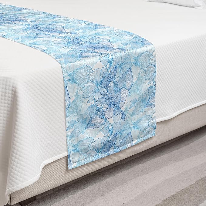 Lunarable Blue and White Bed Runner, Hibiscus Flowers Tropical Foliage Hand Drawn Monotone Design, Decorative Accent Bedding Scarf for Hotels Homes and Guestrooms, Twin, Cobalt Blue