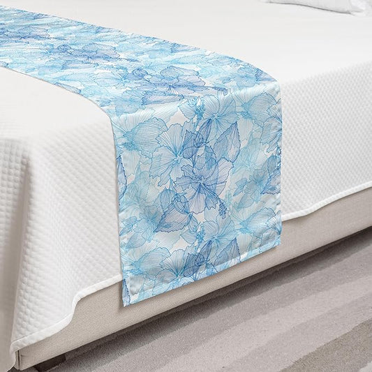 Lunarable Blue and White Bed Runner, Hibiscus Flowers Tropical Foliage Hand Drawn Monotone Design, Decorative Accent Bedding Scarf for Hotels Homes and Guestrooms, Twin, Cobalt Blue