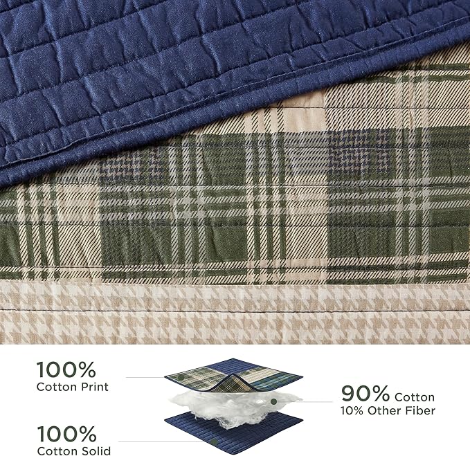 Woolrich Spruce Hill Reversible Quilt Set - Cottage Styling Reversed to Solid Color, All Season Lightweight Coverlet, Cozy Bedding Layer, Matching Shams, Oversized Full/Queen, Stripes Green 3 Piece