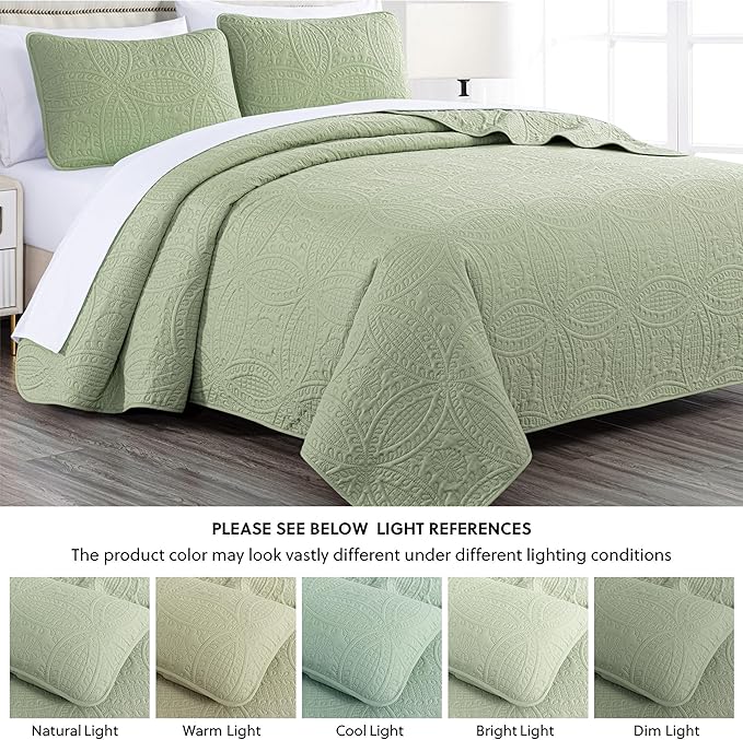 Chezmoi Collection Austin 3-Piece Oversized Bedspread Coverlet Set (Queen, Sage)