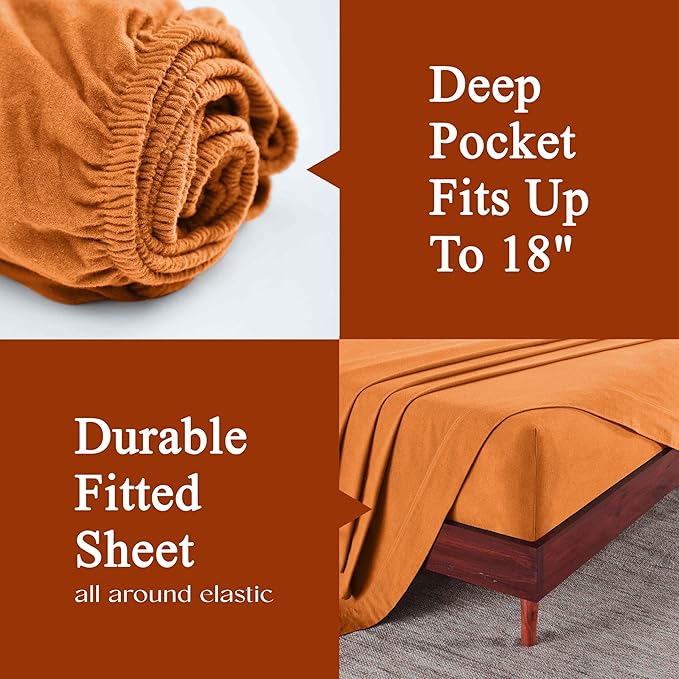 Superior Flannel Cotton Bed Sheet Set, Includes Flat Sheet, Fitted Sheet, Two Pillowcases (Twin Sizes Include One Pillowcase), Breathable, Modern Solid Classic - Split King, Pumpkin
