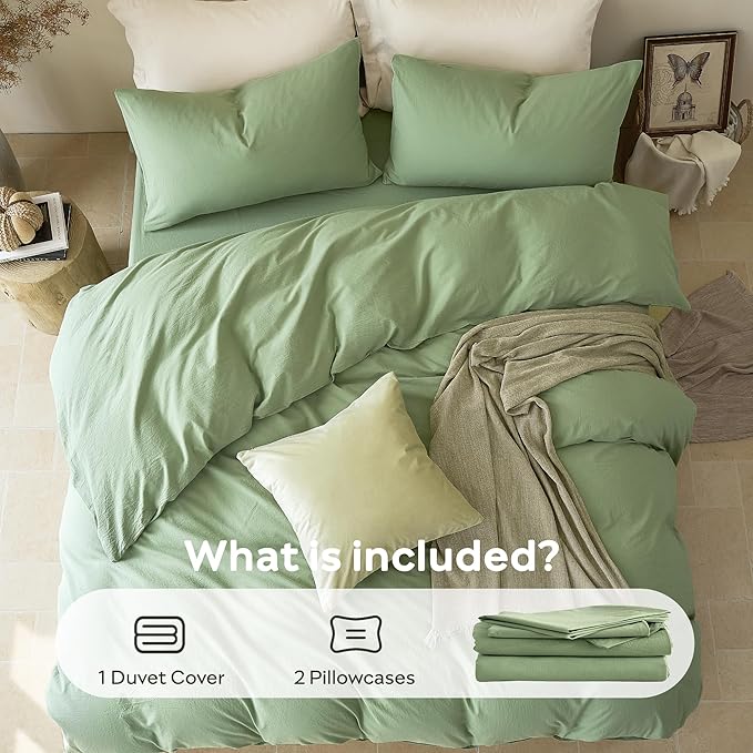 JELLYMONI Duvet Cover King Size - Washed Cotton Comforter Cover with Linen-Like Texture,Breathable & Soft Bedding for Modern Home,Guest Room and Everyday Use,Mint Green 1 Duvet Cover & 2 Pillowcases
