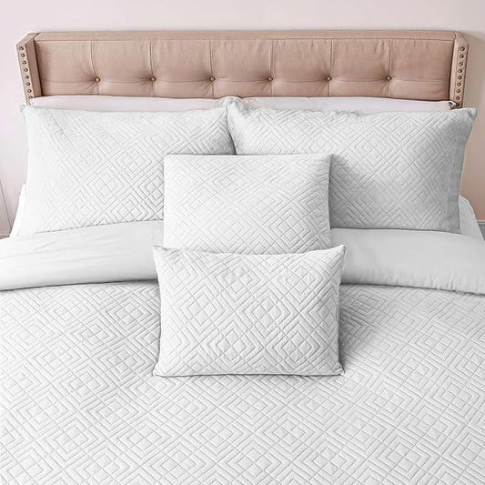 Hearth & Harbor King Quilt Set – All-Season Lightweight Bedspread & Coverlet with Pinsonic Weave - 7 Piece King Quilt Set with Pillow Shams, White - King Diamond