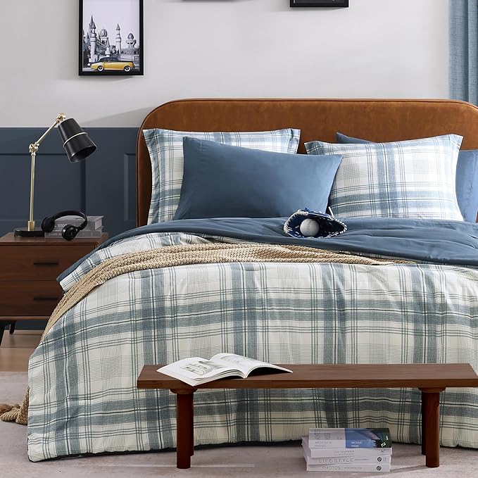 Full Size Comforter Sets, Blue Grey Plaid Bedding Set 7 Piece for Boys Girls Teen, Classic Homestead-Style Kids Comforter Set Bed in A Bag with Sheets, Pillowcases & Shams