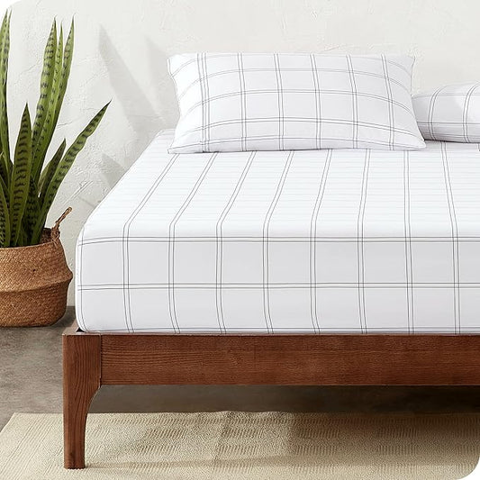 Bare Home Fitted Bottom Sheet King Size - Premium 1800 Microfiber - Ultra-Soft Hotel Luxury - Deep Pocket - Durable and Long Lasting (King, Modern Plaid - White/Grey)