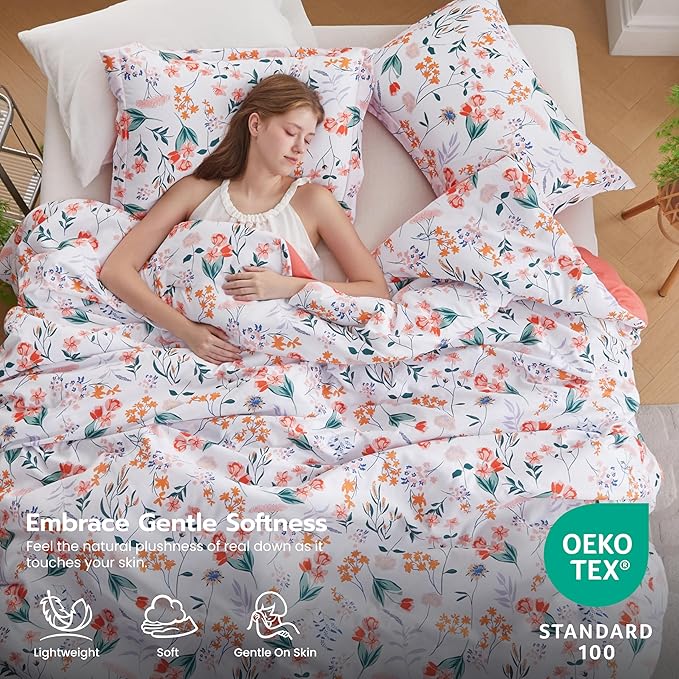 Joiedomi King Size Comforter Set White, 3 Pieces Floral King Bedding Set with 1 Soft Reversible Flower Comforter and 2 Pillow Shams, Bed in a Bag for All Seasons
