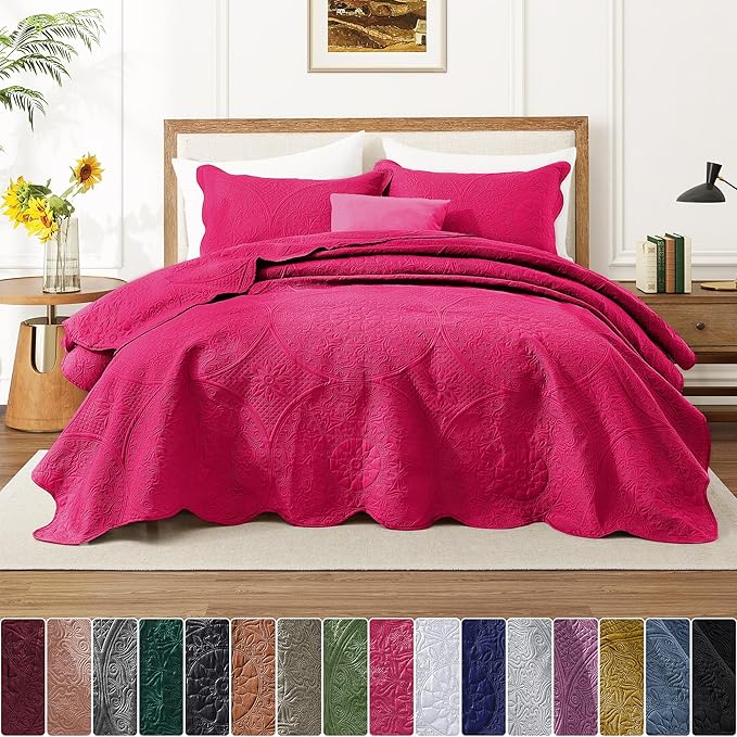 MOONLIGHT20015 8 Pack California King Quilt Bedding Set (118"x106") - Bulk Wholesale for Hotels, Guest Bedroom & Airbnbs - Microfiber Reversible Floral Embossed Quilts Bedspreads (Pink)