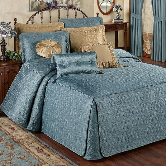 Cambridge Classic Luxury Bedding | Blue Shadow Solid Color Polyester Satin | Elaborate Damask Quilting | 6 Pc Bed Set Includes Oversized Full Bedspread, 2 Standard Shams, and 3 Decorative Pillows