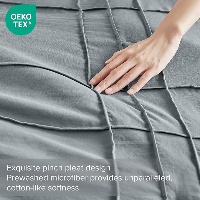 Comfort Spaces Blue/Grey Queen Size Duvet Cover Set - 3 Pieces Pintuck Pleated Duvet Cover, All Season Lightweight, Extra Softness Pre-Washed Microfiber Bedding Cover Shams