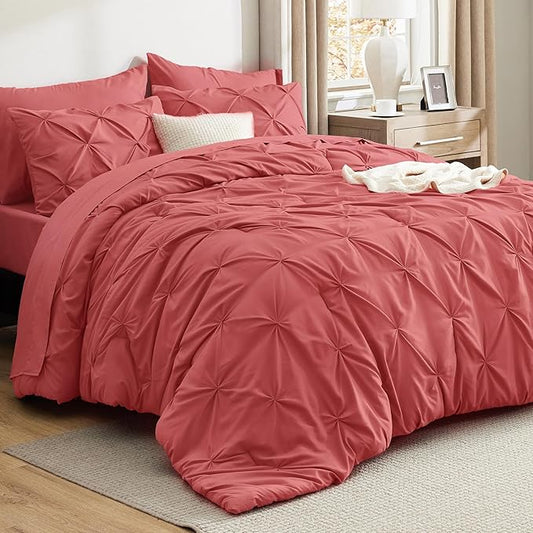 Bedsure Full Comforter Set Coral Red - Bed in a Bag Full Size Bedding Set 7 Pieces, GentleSoft™ Pintuck Bed Set Gift for Family, Pinch Pleat All Season Comforter with Sheets, Pillowcases & Shams