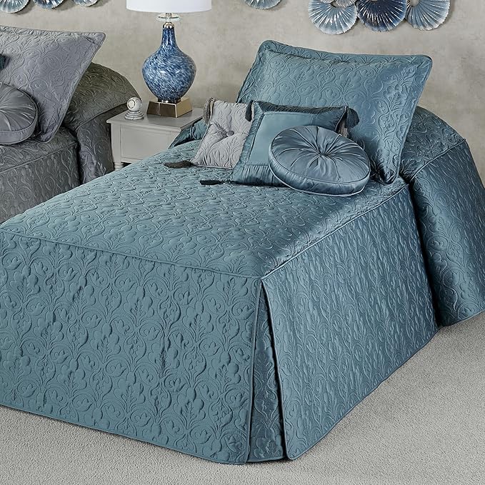 Cambridge Classic Luxury Bedding | Blue Shadow Solid Color Polyester Satin | Elaborate Damask Quilting | 5 Pc Bed Set: Twin Bedspread, Standard Sham, & 3 Decorative Pillows | Also Fits Twin XL Beds