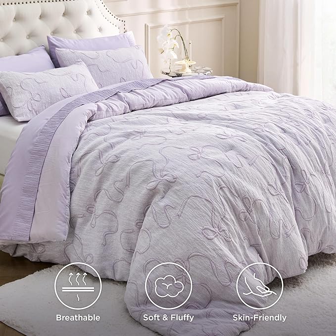 Bedsure Twin/Twin XL Comforter, GentleSoft™ 2 Pieces Bow Cute Bedding Lavender Room Decor Aesthetic, Twin/Twin XL Bedding Gifts for Her, 1 Bed Lavender Comforter, 1 Pillow Shams, 68x88 Inches