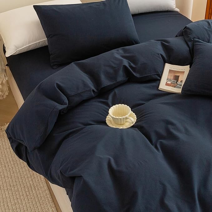 ECOCOTT Navy Blue Duvet Cover Oversized King Size - 100% Washed Cotton Durable Soft Comfy Bedding Set, 3 Pieces Duvet Cover with Zipper Closure (Navy Blue, 120"x 98")