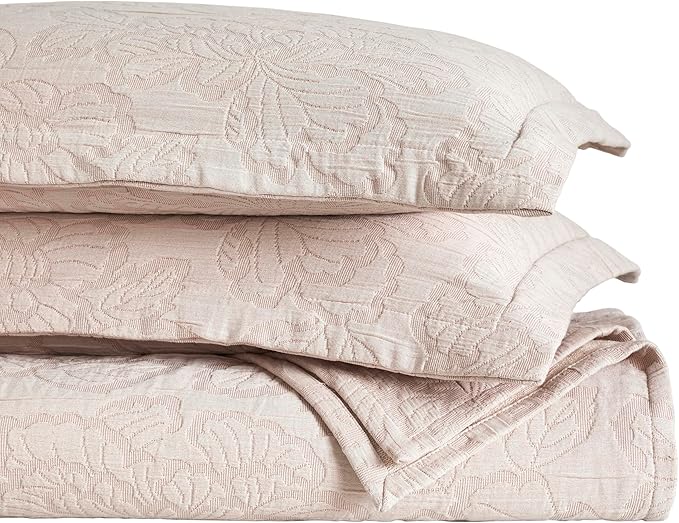 Superior 3 Piece Cotton Bedspread Set, Home Bed Decor, Decorative Bed Spread, 2 Pillow Shams, Medium Weight Blanket, Matelasse Coverlet, Bedding Essentials, Hibiscus Collection, Full, Blush