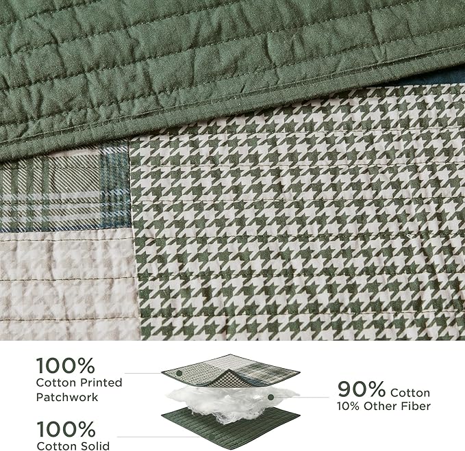 Woolrich Quilt Set Patchwork Channel Quilting, Cottege Coverlet for Twin Size Bed All Seasons, Lightweight Prewashed Cotton Coverlet Bedspread, Shams, Mill Creek, Oversized Twin/Twin XL Green 2 Piece