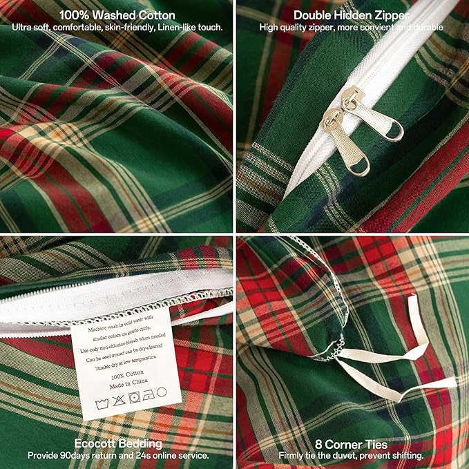ECOCOTT Buffalo Plaid Duvet Cover Queen Size– 3 Piece Green Checkered Bedding Set, 100% Washed Cotton, Soft Breathable Reversible Design with Zipper Closure & Corner Ties