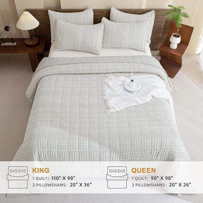Sanracie Cotton Quilt Set King Size(110"x98"), Khaki Waffle Quilted Bedspread Sets,3Pcs Soft Lightweight King Quilt Bedding Set,Farmhouse Coverlet Quilt Set Shabby Vintage Chic Bedding Set