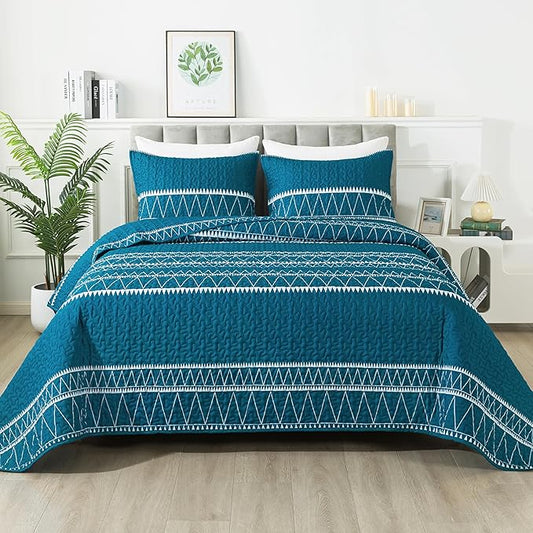 Andency Teal Twin Quilt Set, 2 Pieces Boho Lightweight Soft Striped Bedspread for All Season (68"x86"), Printed Bohemian Microfiber Reversible Coverlet Comoforter Sets