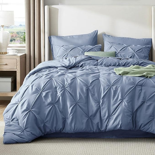 Bedsure California King Comforter Set - Bed in a Bag Cal King Bedding Set 7 PCS, GentleSoft™ Pintuck Bed Set Gift for Family, Pinch Pleat Slate Blue Comforter with Sheets, Pillowcases & Shams