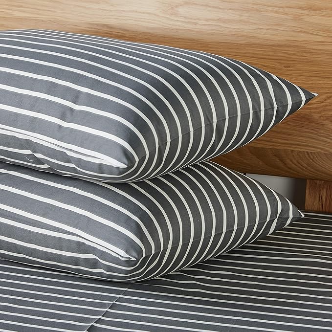 JELLYMONI 100% Natural Cotton 3pcs Striped Duvet Cover Sets, Dark Grey with White Stripes Pattern Printed Comforter Cover, with Zipper Closure & Corner Ties(Queen Size)