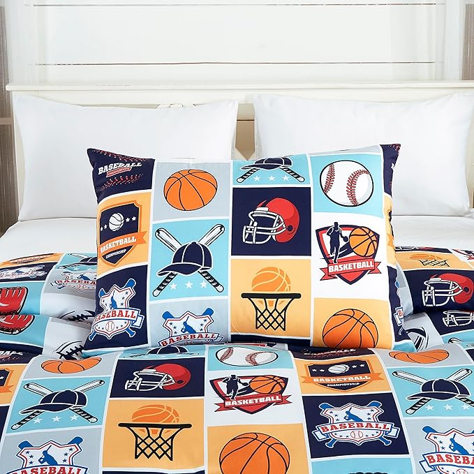 Chezmoi Collection 3-Piece Kids My Sports Bedding Comforter Set Twin Size - Soft Microfiber Navy Blue Gray Orange White Printed Basketball Baseball Football Soccer Sports for Kids/Teens