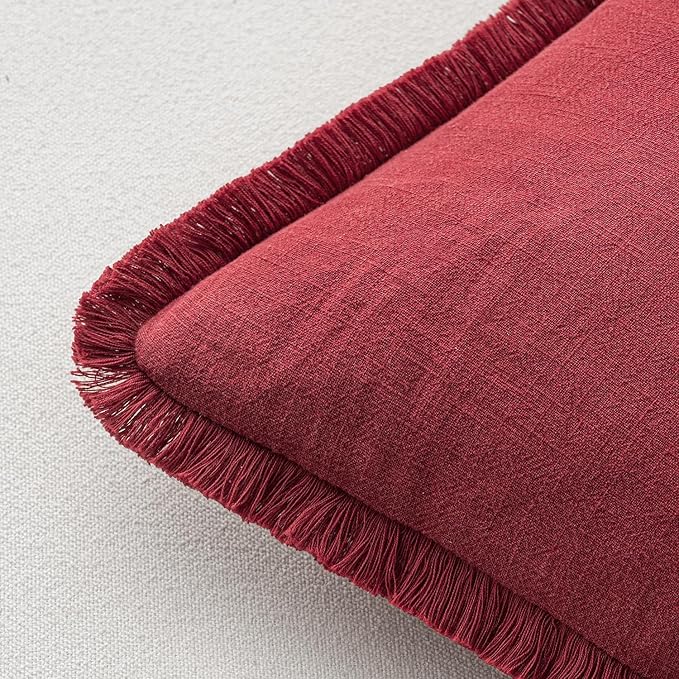 MIULEE Decorative Throw Pillow Covers Neutral Linen Fringe Throw Pillows Euro Shams Set of 2 Burgundy Boho Farmhouse Cushion Covers for Couch Sofa Bed Living Room Home Decor 24x24 Inch