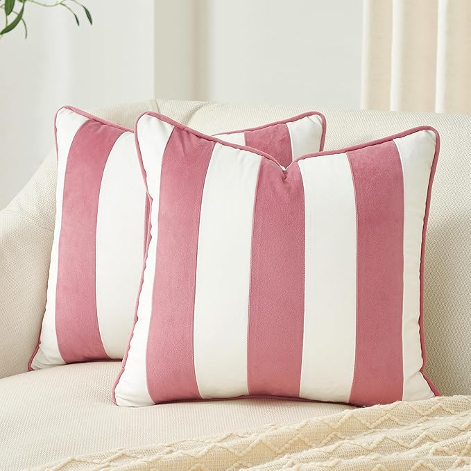 MONDAY MOOSE Decorative Throw Pillow Covers Cushion Cases, Set of 2 Soft Velvet Striped Piping Edge Designs, Pillow Inserts Not Included (16x16 inch, Light Pink/White)
