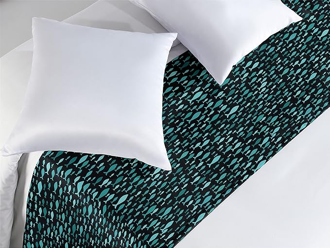 Lunarable Fish Bed Runner, Underwater Animals Swimming Silhouette Marine Life Sea Ocean, Decorative Accent Bedding Scarf for Hotels Homes and Guestrooms, Queen, Teal Black