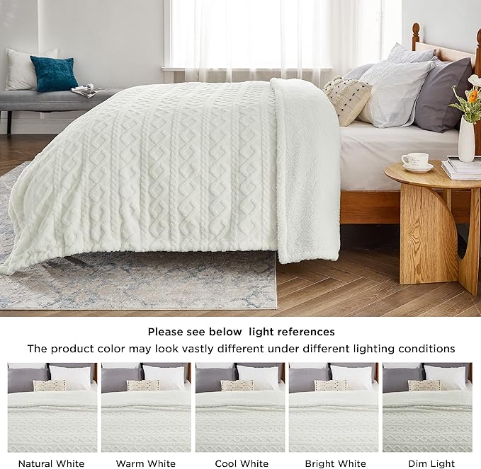 Bedsure Gentlesoft Sherpa Queen Size Blanket for Bed - Fleece Fluffy & Cozy Cable Jacquard Tufted for Women Gift, Thick and Warm Christmas Blanket for Winter, Cream, 90x90 Inches