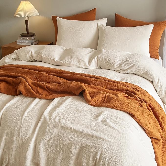 SE SOFTEXLY Muslin Duvet Cover Oversized King Size, 100% Washed Cotton Duvet Cover Set, Ultra Soft Comforter Cover Linen Like, 3 Pieces Gauze Duvet Cover with 2 Pillowcases, 98"x120", Off-White