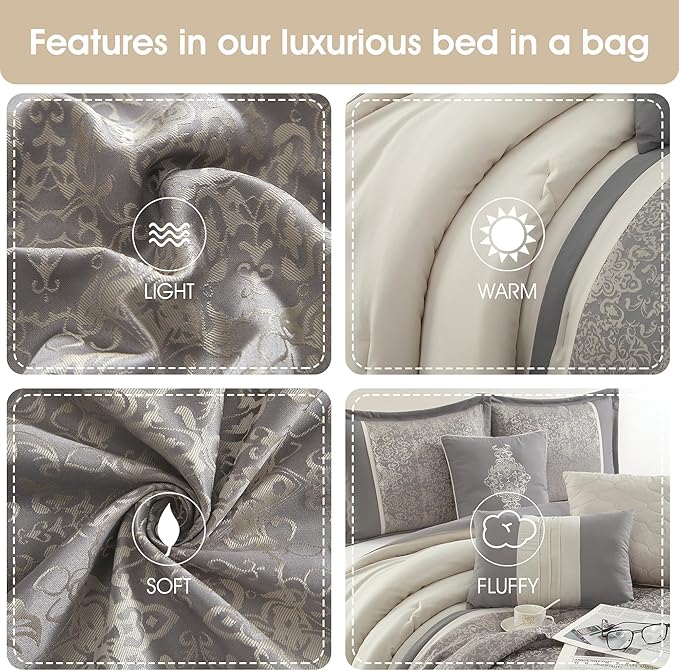 Grand Avenue 7 Piece Grey Comforter Set King Size, Damask Jacquard Home Decor, Matcking Bed Skirt,Decorative Pillows & Shams, Suitable for All Season