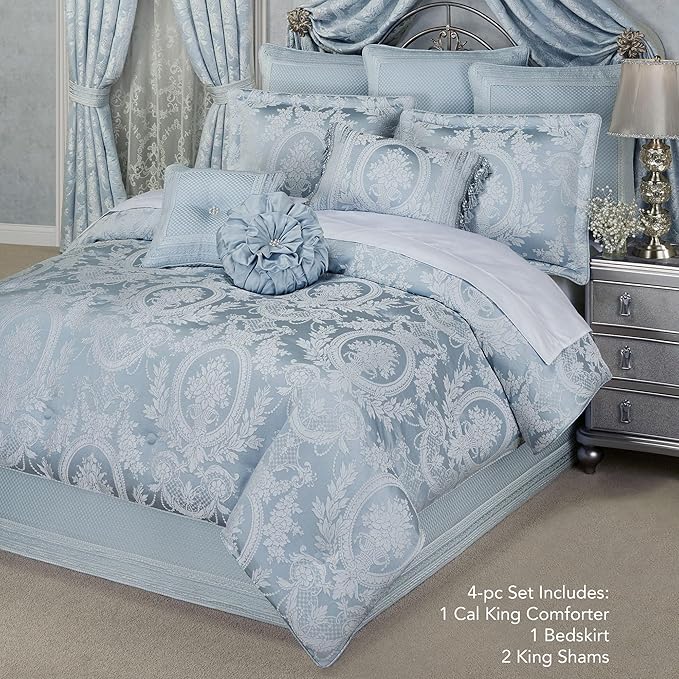 Contessa Luxury Bedding | Iced Platinum and Pastel Powder Blue | Puff Jacquard-Woven Traditional Floral Bouquet and Swag Motifs | 4 Piece Set includes Cal King Comforter, Bedskirt, and 2 King Shams