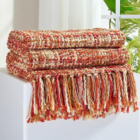 Multi-Color Dark Red Cable Knitted Throw Blanket for Couch,60"X80" Boho Style Textured Blankets for Home Decor,Super Soft Warm Cozy Chunky Knit Blanket with Decorative Tassels for Bed