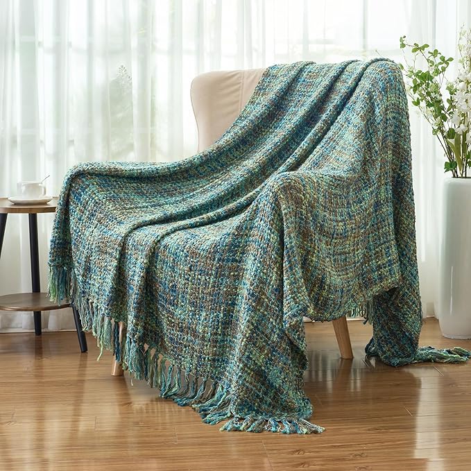 Multi-Color Green Cable Knitted Throw Blanket for Couch,60"X80" Boho Style Textured Blankets for Home Decor,Super Soft Warm Cozy Chunky Knit Blanket with Decorative Tassels for Bed and Sofa
