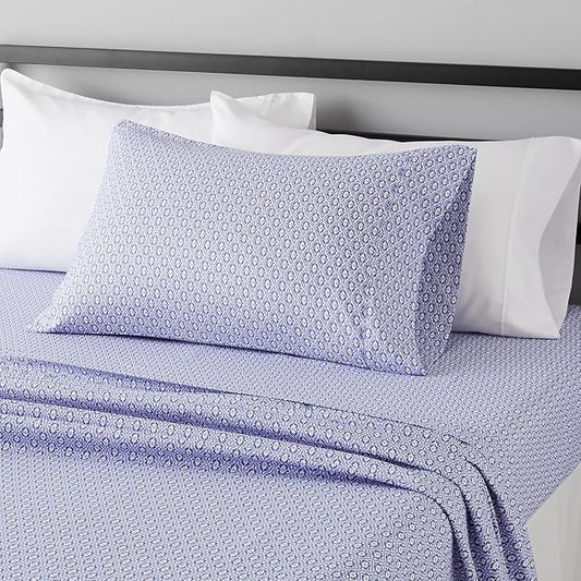 Amazon Basics Lightweight Super Soft Easy Care Wrinkle-Free Breathable Brushed Microfiber 3-Piece Bed Sheet Set with 14-Inch Deep Pockets, Twin, Blue Damask, Printed