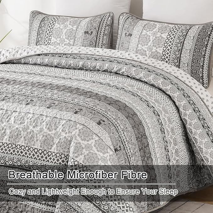 WONGS BEDDING Boho Quilt Set Full Size, Grey Bohemian 3 Pieces Quilt Sets, Lightweight Microfiber Bedspread Coverlet Bedding Set for All Season (78"x90")