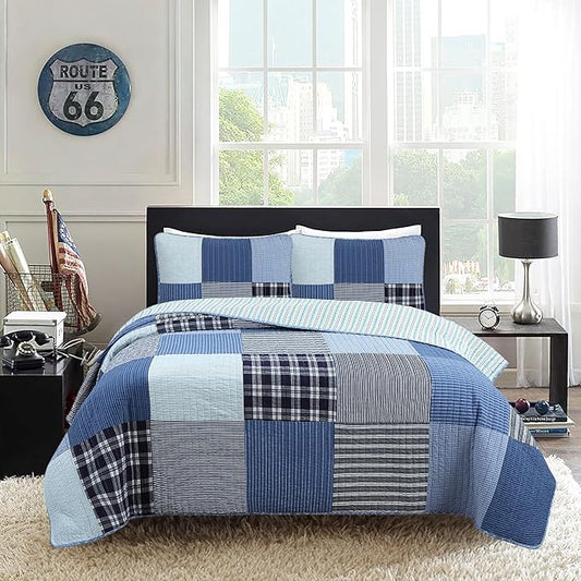 Cozy Line Home Fashions Plaid Patchwork Bedding Quilt Set, Navy Blue 100% Cotton Reversible Coverlet Bedspread for Kids Teen Boy (Craver, Queen - 3 Piece)