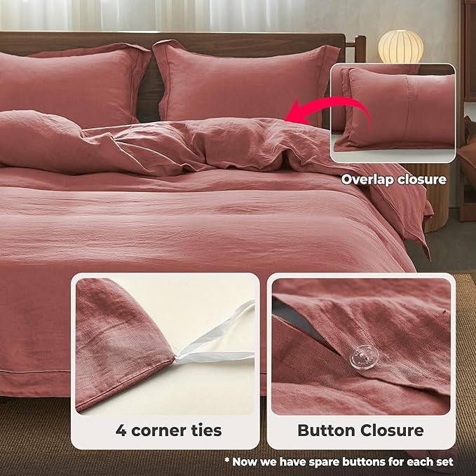 Simple&Opulence 100% Washed Linen Duvet Cover Set with Embroidered,3 Pieces Soft Farmhouse Comforter Set with Button Closure,1 Duvet Cover and 2 Pillowshams(King,Coral Red)