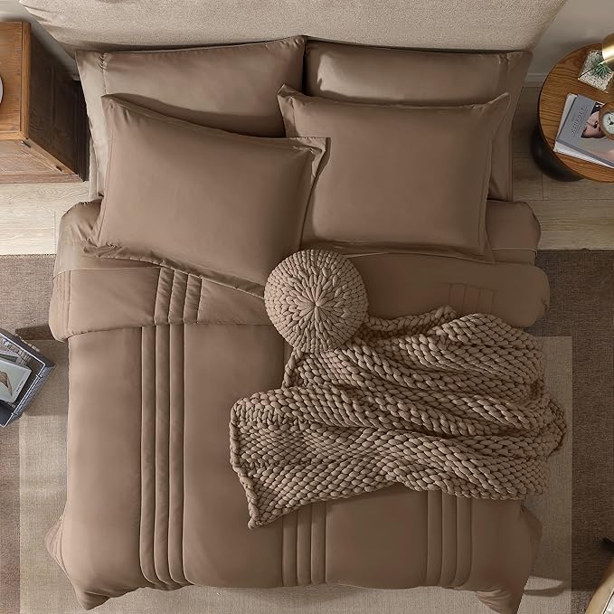 Monbix Queen Comforter Set - 7 Pieces Raw Umber Bed in a Bag Queen Bedding Sets with Comforters, All Seasons Comforter Bed Set with Sheets, Pillowcases & Shams