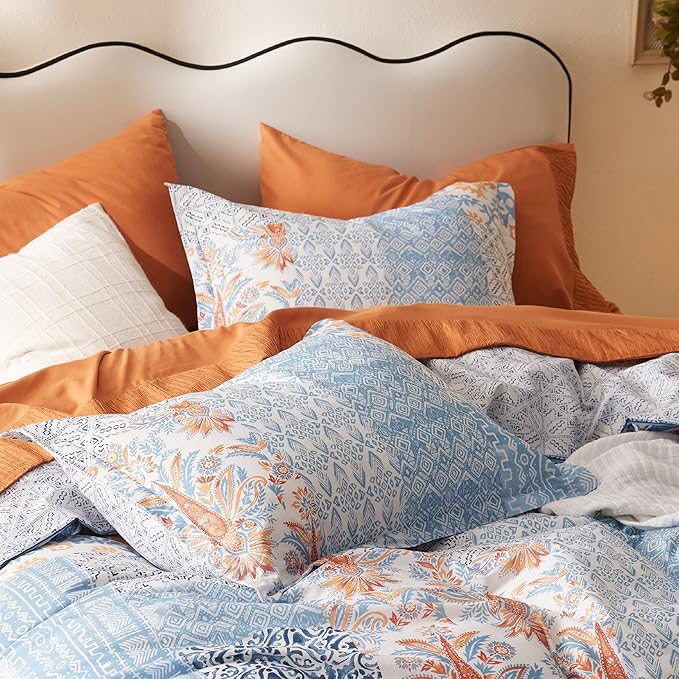 Bedsure Duvet Cover Queen Size - 100% Cotton Reversible Floral Queen Duvet Cover Set with Zipper Closure, 3 Pieces Soft & Breathable Bohemian Blue Bedding Set with 2 Pillow Shams 20"x26"
