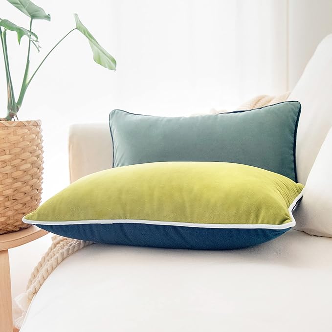 MONDAY MOOSE Decorative Throw Pillow Covers Cushion Cases, Set of 2 Soft Velvet Modern Double-Sided Designs, Mix and Match for Home Decor, Pillow Inserts Not Included (12x20 inch, Green/Blue)
