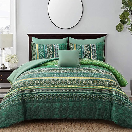 Boho Green Comforter Set Queen Size,8 Piece Bed in a Bag Bohemian Striped Bedding Quilt Set,Dark green Paisley Floral Comforter and Sheet Set,Soft Microfiber Complete Bedding Sets for All Season