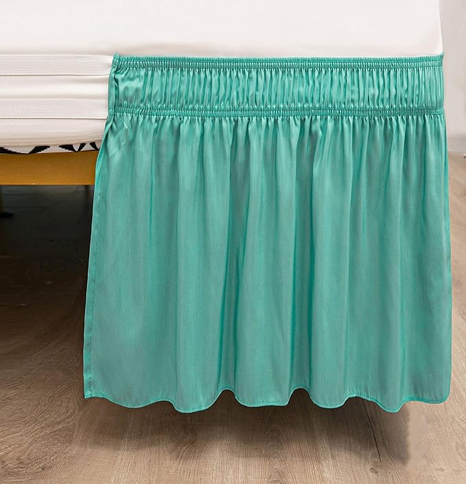 Wrap Around Bed Skirts Elastic Dust Ruffles, Easy Fit Wrinkle and Fade Resistant Silky Microfiber Fabric Solid Color Bedskirt, 12 Inch Tailored Drop Aqua for King XL Size Bed Skirt