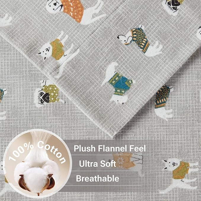 True North by Sleep Philosophy Cozy Flannel Warm 100% Cotton Sheet - Novelty Print Animals Stars Cute Ultra Soft Cold Weather Bedding Set, Queen, Grey Dogs 4 Piece