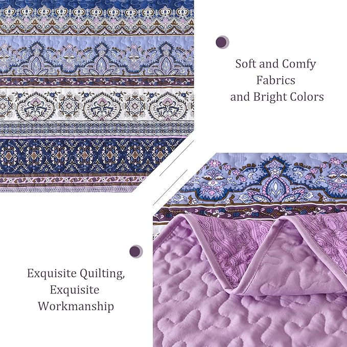WONGS BEDDING Boho Queen Quilt Set, Purple Bohemian Quilt Bedding Set, Lightweight Bed Decor Bedspread for All Season Reversible Microfiber Coverlet Bedding Set 96"x90"(3 Pieces)