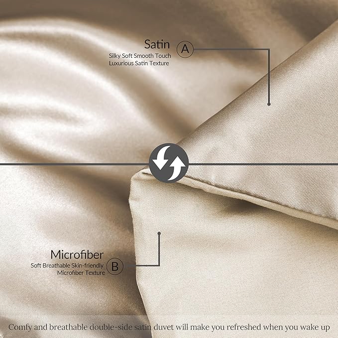 Whale Flotilla 3-Piece Reversible Silky Soft Queen Comforter Bedding Set, Luxurious Satin Comforters Full Size with 2 Satin Pillowcases, Lightweight Duvet for All Seasons, Champagne