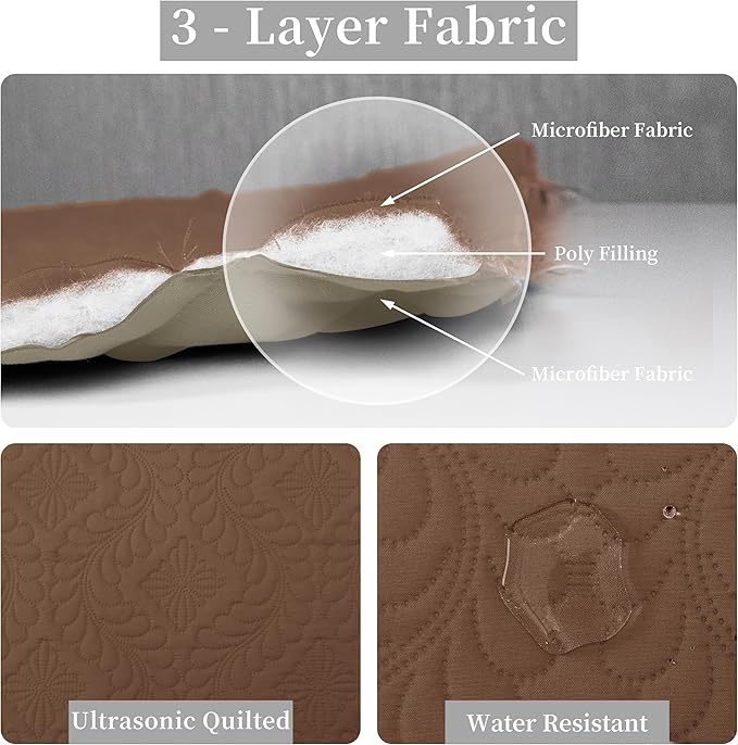 Easy-Going Twin Size Reversible Quilt Set with 1 Quilt and 1 Pillow Sham, Soft Bed Quilt Cover, Water Resistant Lightweight Microfiber Bedspread, Stain Resistant, Olive Leaf-Brown/Beige