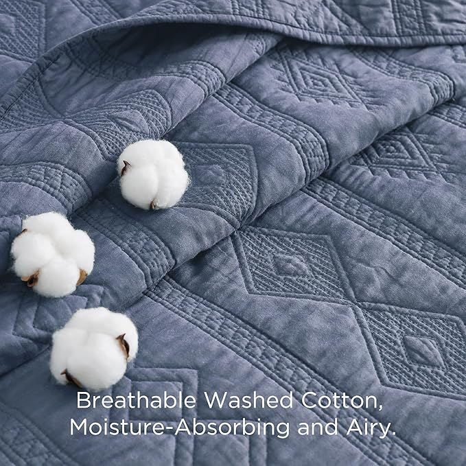 Bedsure 100% Cotton Quilt Set - Lightweight Queen Bedspread, Navy Blue Cozy Bedding Coverlet 3-Piece with Pillow Shams in Geometric Pattern for All Season, 90x96 inches, 100% Cotton Voile